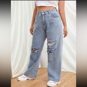 High waist knee ripped wide leg jeans